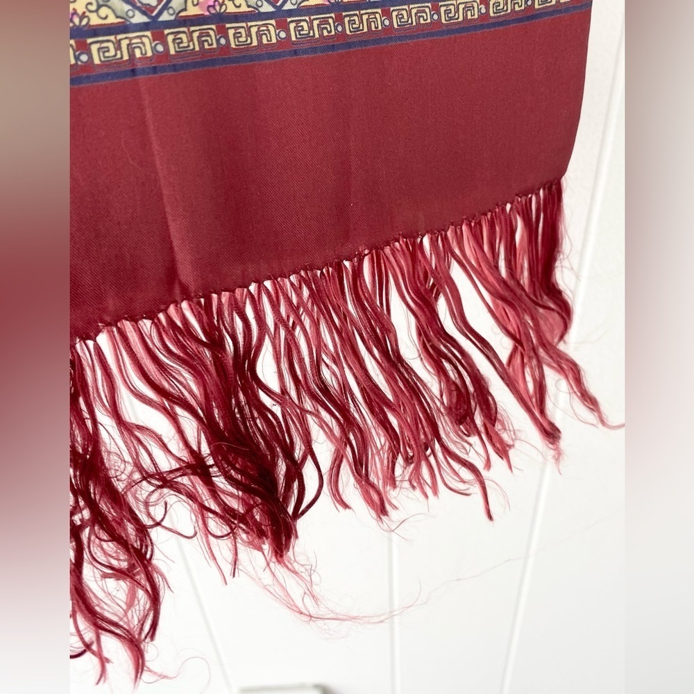 VTG 100% Silk Scarf Burgundy Yellow Pink Geo Rectangle Tassel Fringe 25” X 11 - Picture 9 of 12